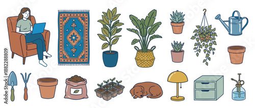 Set of hand-drawn doodle illustrations featuring cozy home life objects including a woman on a laptop, houseplants, gardening tools, a sleeping dog, and furniture