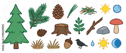 Collection of cartoon forest elements including a pine tree, stump, cone, mushroom, acorn, and bird in a simple hand-drawn doodle style for nature or camping themes