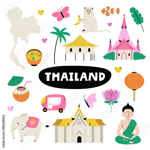 Thailand Travel Icons Set with Cultural Landmarks, Animals and Food. Cute Flat Vector Illustration
