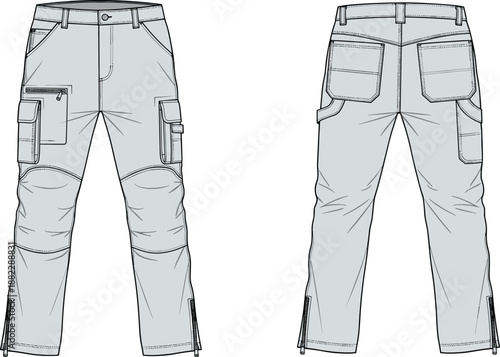 Men’s utility cargo pants technical CAD drawing showing front and back views with multiple pockets, reinforced knees and adjustable hems, workwear apparel cad drawing flat vector illustration