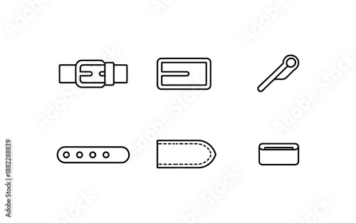 Collection of simple line icons representing different parts of a belt and its accessories