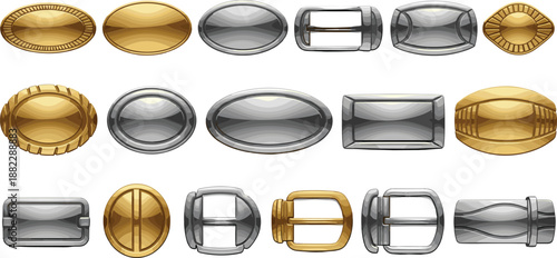 Metal oval buckle and accessory hardware set for belts and bags, gold and silver fastening components collection, isolated product forms, cad drawing flat vector illustration