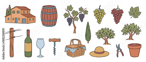 Collection of hand-drawn vineyard and winery illustrations featuring a rustic villa, wine barrel, grapes, olive tree, and picnic basket in a charming, colorful doodle style