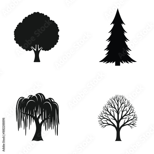 Four different tree silhouettes on white background