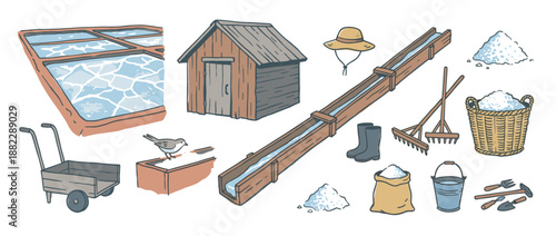 Hand-drawn collection of salt production items including an evaporation pond, wooden shed, tools, and baskets of salt crystals in a rustic, illustrative style