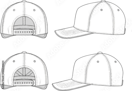 Baseball cap technical CAD drawing showing front back and side views with adjustable strap, classic headwear cad drawing flat vector illustration