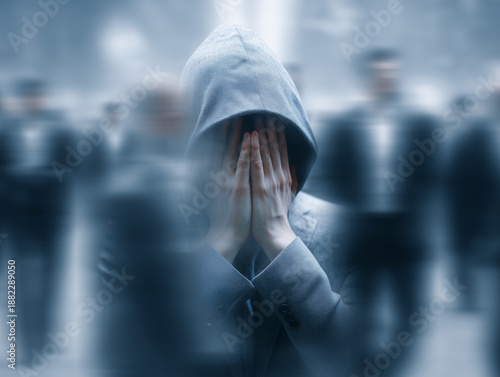 Conceptual photograph depicting depression and loneliness, showing a person hiding their face with their hands while standing in a blurred