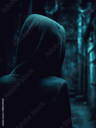 Person in Hood Hiding Identity in Dark Alley