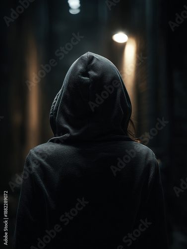 Person in Hood Hiding Identity in Dark Alley