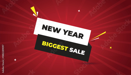 Biggest Sale New Year Web Banner Vector Art Template Design Badge Icon Label White Black Gray Shapes Yellow Bold Text Dark Red Light Sun Shine Abstract Business Background Modern Creative Promotion