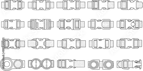 Side release plastic buckle set technical CAD drawings showing multiple fastening designs for straps bags and garments, cad drawing flat vector illustration