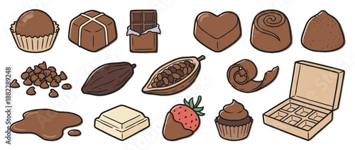 Charming collection of hand-drawn chocolate illustrations featuring various sweets like truffles, pralines, a chocolate bar, cacao pods, and a dipped strawberry in a cute cartoon style