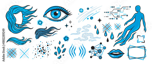 Diverse collection of hand-drawn blue icons and symbols representing abstract concepts like water, technology, and emotion, featuring an eye, hair, and a human figure