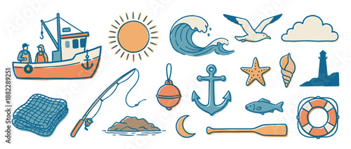 Collection of hand-drawn nautical icons featuring a fishing boat, anchor, lighthouse, and wave in a charming, retro doodle style with a limited color palette
