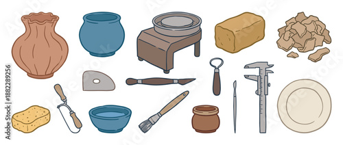 Set of hand-drawn pottery equipment and ceramic tools, including a potter's wheel, clay, pots, and sculpting instruments for crafting handmade earthenware in a workshop