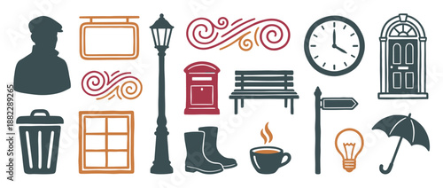 Collection of vintage-style urban icons featuring a lamppost, postbox, clock, and umbrella in a rustic, hand-drawn illustration set for classic city life concepts