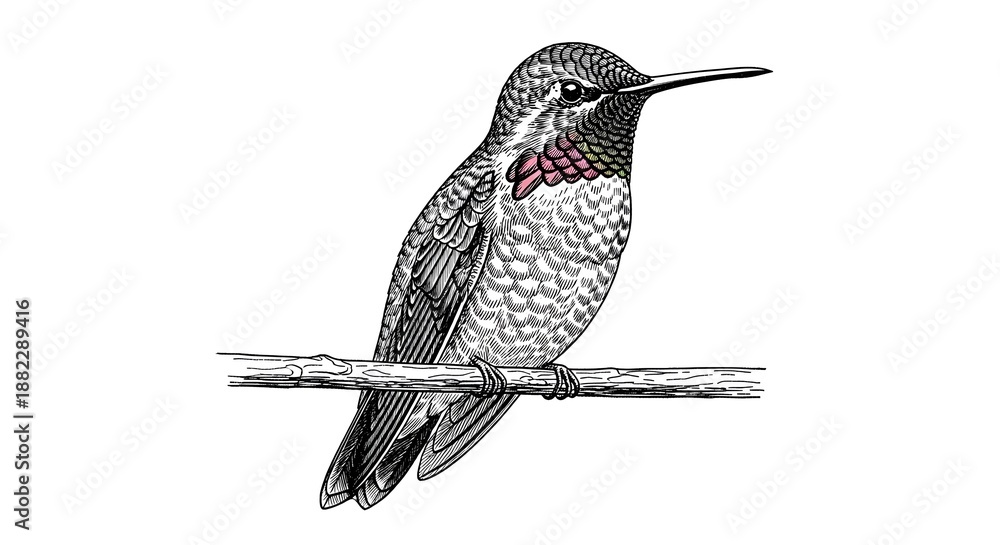 Fototapeta premium Hummingbird perched on branch, detailed black and white etching of a small bird