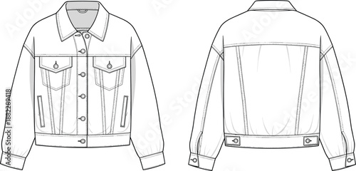 Women classic denim jacket front and back technical apparel drawing with pockets and buttons, casual outerwear production template, fashion design, cad drawing flat vector illustration