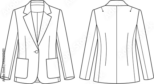 Women classic tailored blazer front back technical flat sketch with lapel collar patch pockets fitted silhouette fashion apparel cad drawing flat vector illustration