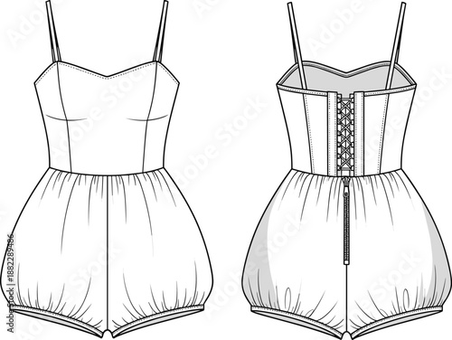 Women corset style romper front back technical flat sketch with spaghetti straps lace up back zipper details cad drawing flat vector illustration