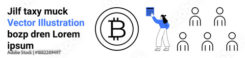 Cryptocurrency, blockchain innovation, team collaboration, digital finance, fintech, crowd interaction. Bitcoin symbol with a group of people. Cryptocurrency and blockchain innovation