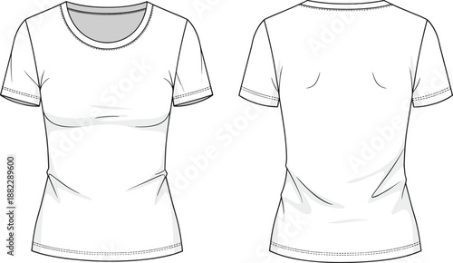 Women fitted short sleeve t shirt front and back technical apparel outline, basic casual top manufacturing template, fashion mockup, cad drawing flat vector illustration