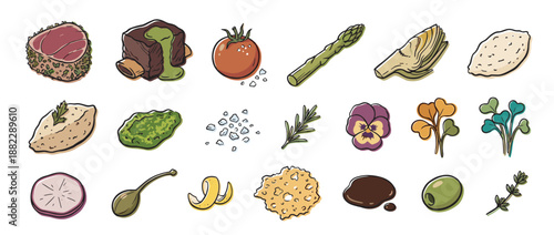 Collection of hand-drawn food ingredient illustrations including meat, vegetables, herbs, and sauces in a charming, rustic style for culinary design