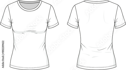 Women fitted t shirt front and back view technical sketch, apparel mockup design, casual clothing template, fashion cad drawing flat vector illustration