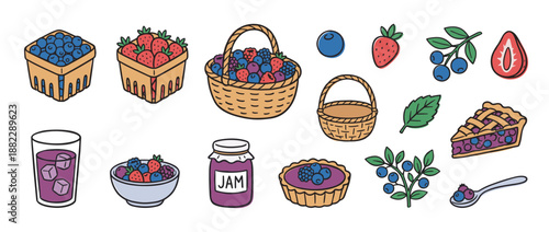 Collection of hand-drawn berry illustrations including fresh fruit in baskets, pie, jam, and juice, presented as a cute doodle cartoon style icon set for a food theme