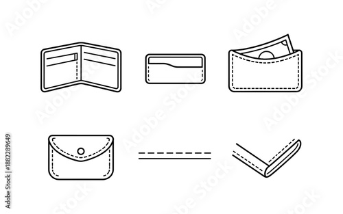 Collection of simple line art icons representing different types of wallets and cardholders