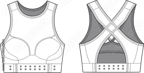Women high support sports bra front back technical flat sketch with cross back straps adjustable closure activewear template cad drawing flat vector illustration