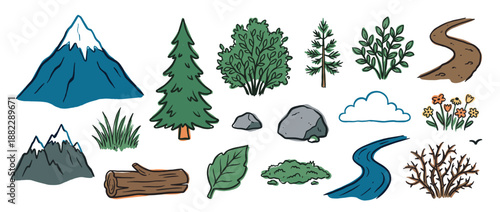 Collection of hand-drawn nature elements featuring mountains, trees, a river, path, and plants for creating outdoor scenes, presented in a charming doodle illustration style