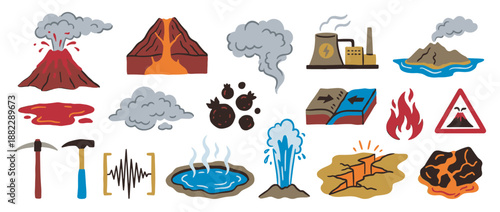 Collection of hand-drawn geology and earth science icons showing volcanoes, earthquakes, tectonic plates, geysers, and geothermal energy in a flat cartoon style