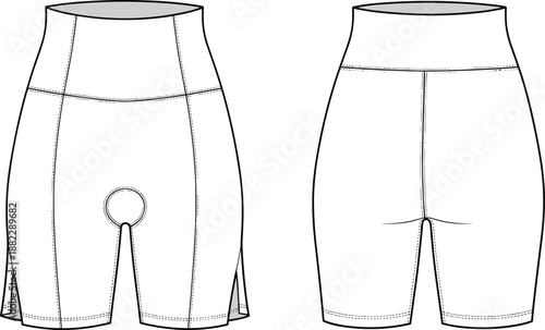 Women high waist fitted shorts front and back technical apparel outline for activewear and casual use, garment production template, cad drawing flat vector illustration
