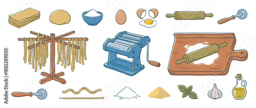 Collection of hand-drawn pasta making tools and ingredients including a pasta machine, drying rack, dough, flour, and eggs in a charming sketch style illustration set
