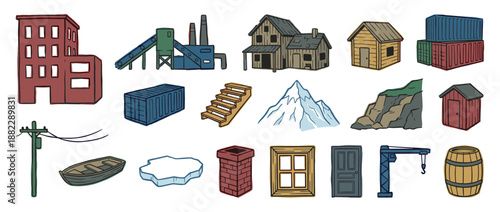 Collection of hand-drawn cartoon style objects featuring buildings, a factory, shipping containers, a mountain, a boat, and a crane, designed as a set of icons for a game or project