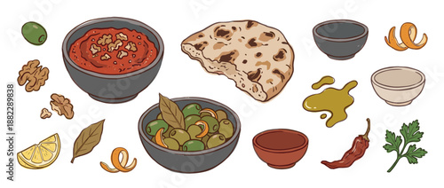 Hand-drawn illustration set of Mediterranean appetizers including olives, walnut dip, flatbread, lemon, and herbs in a rustic, sketchy style for culinary design