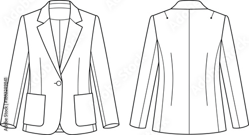 Women tailored blazer jacket front back technical flat sketch with lapel collar pockets fitted silhouette fashion apparel cad drawing flat vector illustration