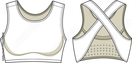 Women sports bra front back technical flat sketch with cross back straps breathable panel athletic activewear template cad drawing flat vector illustration