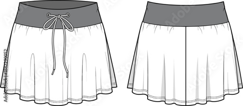 Women’s flared mini skirt technical CAD drawing showing front and back views with elastic waistband and drawstring tie, casual fashion cad drawing flat vector illustration