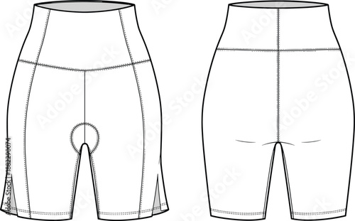 Women’s high waist biker shorts technical CAD drawing showing front and back views with ergonomic seams and compression fit, activewear apparel cad drawing flat vector illustration