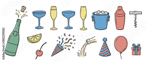 Charming collection of hand-drawn party and celebration icons with a champagne bottle, cocktail glasses, a gift box, a balloon, and a party popper