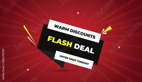 flash deal warm discount offer ends tonight web banner vector art template design badge icon label black gray white shapes yellow bold text dark red light sun shine abstract business background promot