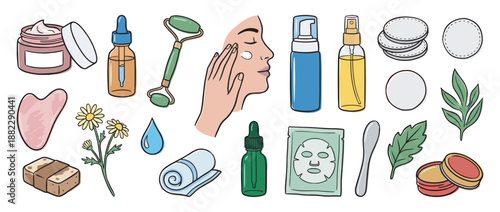 Colorful hand-drawn set of skincare and beauty routine items including a jade roller, gua sha, serum, cream, and sheet mask in a doodle illustration style for self-care concepts