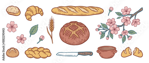 Hand-drawn collection of rustic bakery items and spring flowers featuring a baguette, croissant, round loaf, and a blooming sakura branch in a charming vintage style