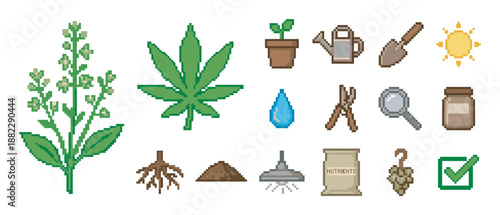 Pixel art icon set of cannabis cultivation showing the growing process with tools, nutrients, and harvesting elements in a retro 8-bit video game style illustration collection
