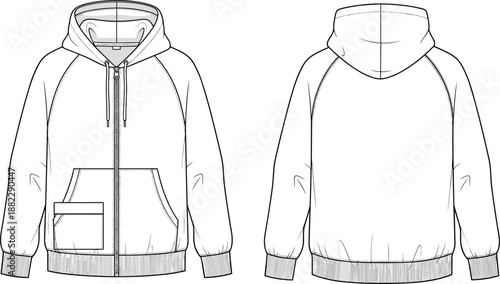 Zip front hooded sweatshirt technical CAD drawing showing front and back views with raglan sleeves, kangaroo pocket and ribbed trims, casual outerwear cad drawing flat vector illustration