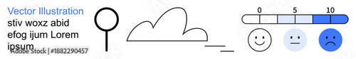 Data visualization, analytics, feedback collection, emotional analysis, research tools, user experience. Elements include a magnifying glass, cloud and mood scale. Data visualization and emotional