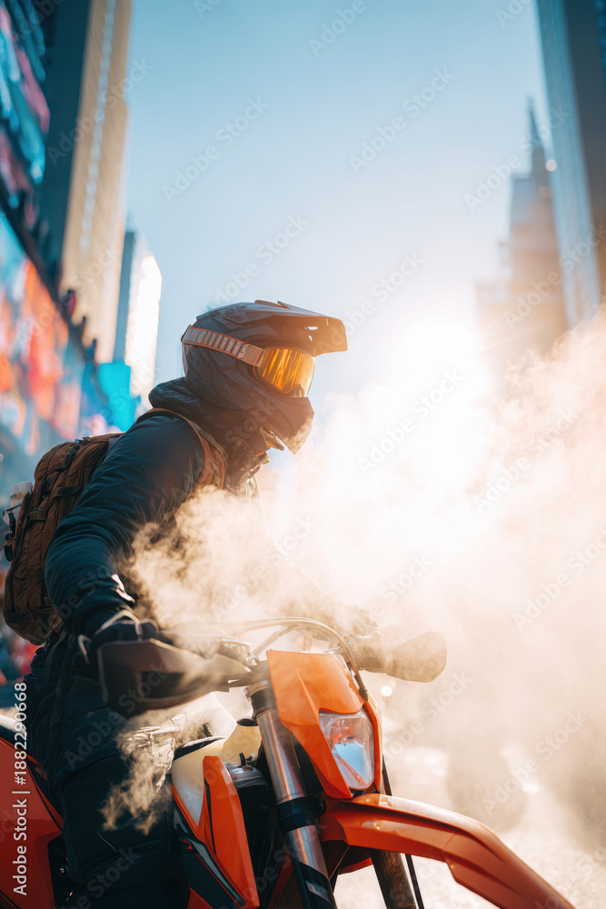 Motorcyclist in urban setting with steam and sunlight