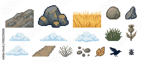 Set of pixel art nature elements for a retro video game, featuring various sprites like rocks, clouds, grass, a thistle, a bird, and an insect for level design